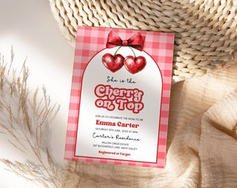 Cherry On Top Baby Shower Invitation Template, Cherry Baby Shower Invitation, she is the cherry on top, cherry coquette baby shower