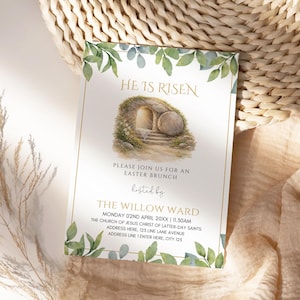 LDS He Is Risen Easter Brunch Invitation, Editable Canva Template, Christian Easter Invitation, Relief Society Easter Brunch, Brunch Invite