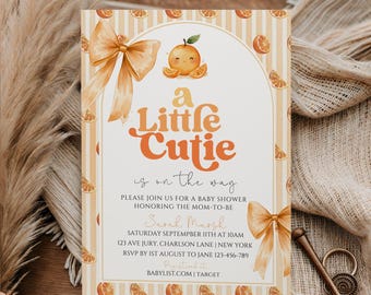 A Little Cutie Is On The Way Baby Shower Invitation, Little Cutie Baby Shower, Orange Citrus Theme, Editable Canva Template, Orange Bow