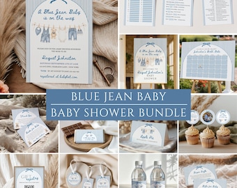 Babyparty-Set „Blue Jean“, Vorlagen für eine Denim-Babyparty, Ein Baby in „Blue Jean“ ist unterwegs, Canva-Vorlagen-Set für eine Babyparty für Jungen