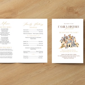 May include: A gold and white printable family history programme with a family portrait illustration. The programme includes a welcome, overview, speakers, musical number, interactive activity, testimonies, closing hymn, and closing prayer. The text reads "Welcome to our Family History Fireside. Do you have my name? Discovering our roots, strengthening our branches. Sunday 21st April 2024 | 5:00pm The Church of Jesus Christ of Latter-day Saints | Address Line 1 Enter Here, City 125 | Address Line 2 Enter Here"