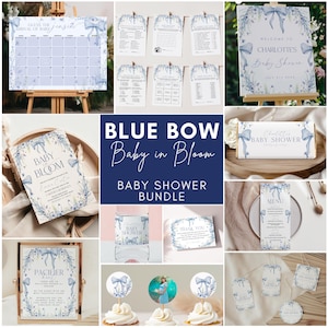 Blue Bow Baby in Bloom Bundle, Blue Baby in Bloom Baby Shower bundle, Blue Wildflower Baby Shower, Editable template, baby boy in bloom