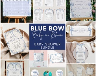 Blue Bow Baby in Bloom Bundle, Blue Baby in Bloom Baby Shower bundle, Blue Wildflower Baby Shower, Editable template, baby boy in bloom