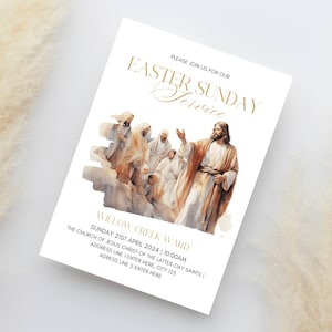 LDS Easter Sunday Service Invitation Template - Minimalistic, He is risen Invite Template | Editable Mormon Easter Sunday Service Invite