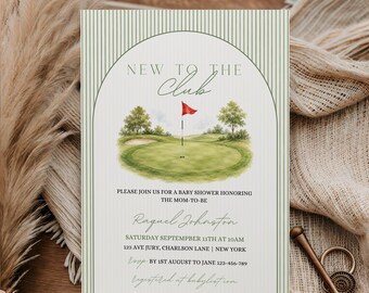 New to the Club Babypartyeinladung, Golf-Babyparty, ein kleiner Golfer ist unterwegs, bearbeitbare Vorlage, New to the Club