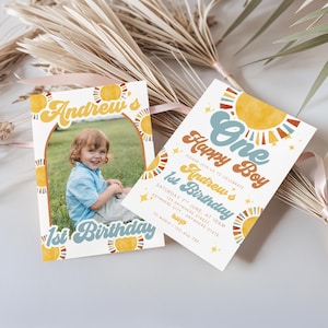 One Happy Boy Birthday Invite, 1st Birthday Invitation Boy, First Birthday Invitation, Retro Sun Invitation, Sunshine, Boho One Happy Boy