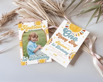 One Happy Boy Einladung zum 1.Geburtstag: Retro Sunshine Theme (digitaler Download)