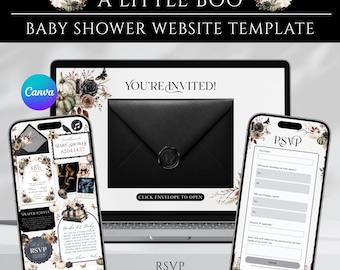 Website-Vorlage für die Babyparty „Ein kleines Boo ist unterwegs“, bearbeitbare Canva-Einladung zur Babyparty, Halloween-Einladung zur Babyparty, digitale Einladung