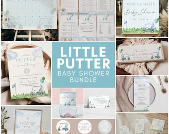 May include: A baby shower invitation bundle with a golf theme. The bundle includes a welcome sign, a calendar, a menu, thank you cards, water bottle labels, cupcake toppers, and favor tags. The design features a blue and green color scheme with golf carts and golf balls.