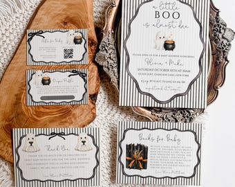Einladungsset „Ein kleines Boo“, Halloween-Babypartykarten, Gruselige Babyparty, Bearbeitbare Vorlage, Ein kleines Boo ist bald da