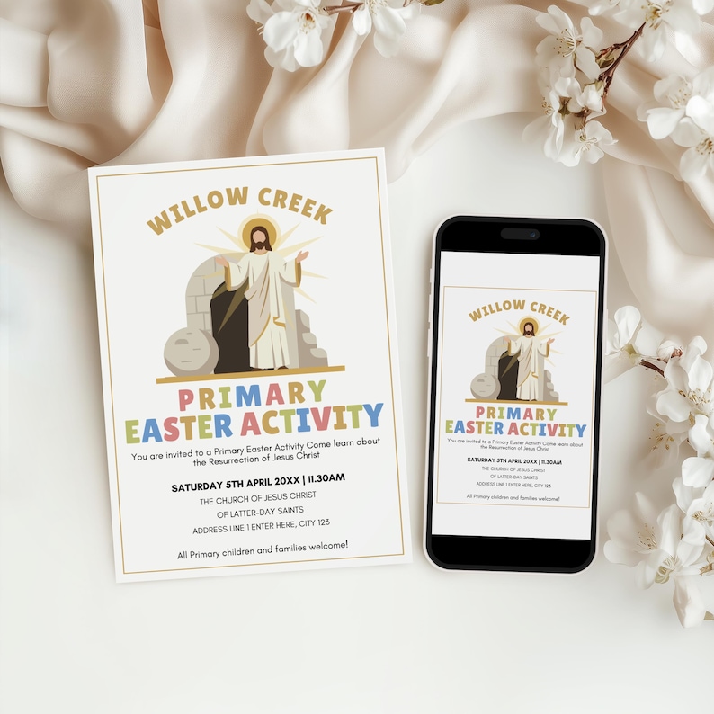 Pu&ograve; includere: Un invito e uno smartphone mostrano lo stesso design per un'attivit&agrave; pasquale. Il design presenta un'illustrazione di Ges&ugrave; Cristo e il testo "Willow Creek" e "Primary Easter Activity". L'invito include i dettagli dell'evento.