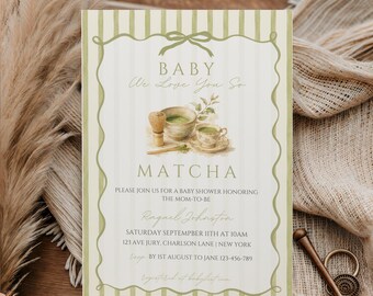 Einladung zur Matcha-Babyparty, „Wir lieben dich so sehr, Matcha“, grüne Babyparty-Einladung, Babyparty mit Matcha-Motto, bearbeitbare Canva-Vorlage