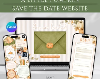 Website-Vorlage für eine Babyparty mit kleinem Kürbis, Ein kleiner Kürbis ist unterwegs, Terminvorschlag für eine Herbst-Babyparty, Herbstliche Babyparty, Canva-Website