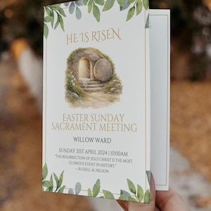 Può includere: Un invito alla riunione del Sacramento della Domenica di Pasqua con la scritta "È risorto". L'invito presenta un'illustrazione ad acquerello di una tomba aperta ed è decorato con foglie verdi. Il testo include la data, l'ora e una citazione di Russell M. Nelson.