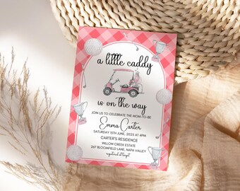 Pink Golf Baby Shower Invitation Template, golf shower, a little caddy is on the way, golf themed shower, editable template, girl golf