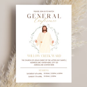 May include: A white invitation with a gold border and text. The invitation is for a General Conference viewing at the Willow Creek Ward of the Church of Jesus Christ of Latter-day Saints. The invitation includes the address and dates and times of the sessions.