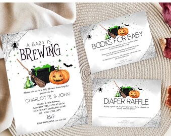 May include: A Halloween-themed baby shower invitation with a cauldron, broom, and pumpkin. The invitation reads "A Baby is Brewing" and includes the names Charlotte & John. The invitation also includes details for the shower, including the date, time, and location.