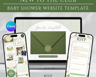 Website-Vorlage für eine Babyparty mit Golfmotiv, Babyparty für neue Clubmitglieder, Save-the-Date-Karte im Golf-Stil, Canva-Website für eine Babyparty für Jungen, bearbeitbare Einladung