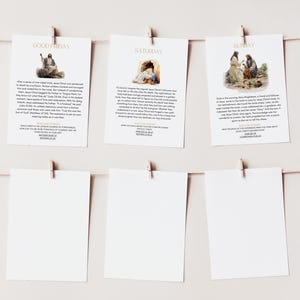 May include: A set of five cards with illustrations and text about the events of Holy Week. The cards are hung on a string with clothespins. The cards are white with gold lettering and feature watercolor illustrations.