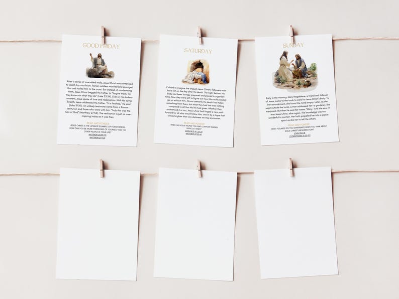 May include: A set of five cards with illustrations and text about the events of Holy Week. The cards are hung on a string with clothespins. The cards are white with gold lettering and feature watercolor illustrations.