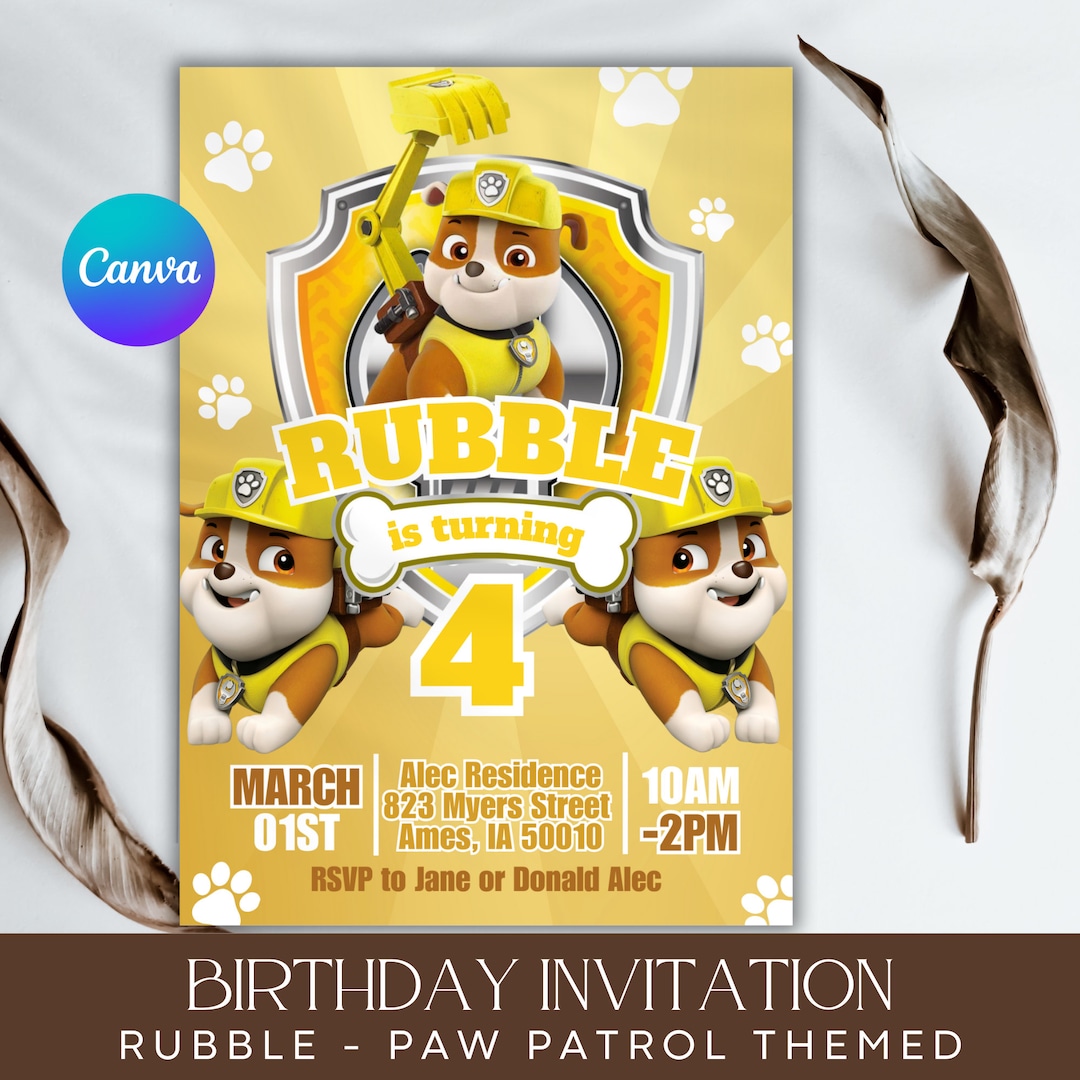 Editable Kids Birthday Invitation Template Rubble Birthday Party