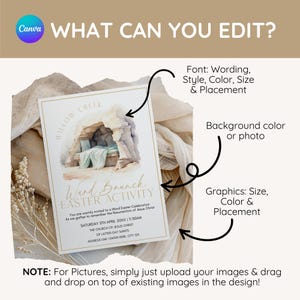Pu&ograve; includere: Un design di invito con il testo "WHAT CAN YOU EDIT?" e "Ward Brunch Easter Activity". L'invito presenta un'illustrazione ad acquerello di una grotta e testo su un evento della chiesa. Il design include frecce che puntano agli elementi modificabili.