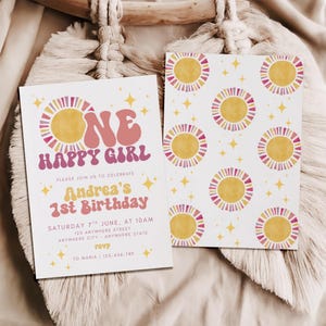 One Happy Girl Birthday Invite, 1st Birthday Invitation, Girl First Birthday Invitation, Retro Sun Invitation, Sunshine, Boho One Happy Girl
