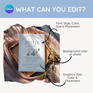 May include: A baby shower invitation with a golf theme. The invitation features a blue and white striped background with the text "A Little Putter is on the Way." The invitation includes details for Olivia Jensen's baby shower.