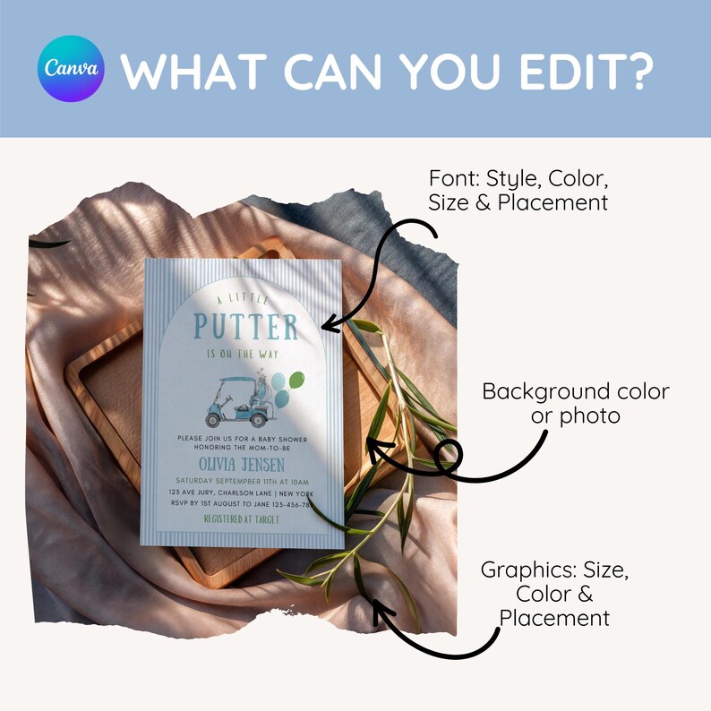 May include: A baby shower invitation with a golf theme. The invitation features a blue and white striped background with the text "A Little Putter is on the Way." The invitation includes details for Olivia Jensen's baby shower.