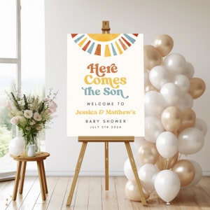Letrero para baby shower "Aquí viene el hijo": letrero de bienvenida para baby shower con temática de sol, letrero para baby shower con temática de sol, plantilla editable, aquí viene el sol