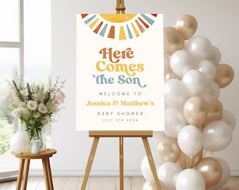 Here Comes the Son Baby Shower Sign - Sunshine baby shower welcome sign, sun baby shower sign, editable template, here comes the sun