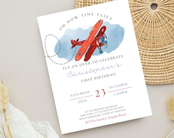 Editable Aviation Theme 1st Birthday Invitation - Instant Download Airplane Template