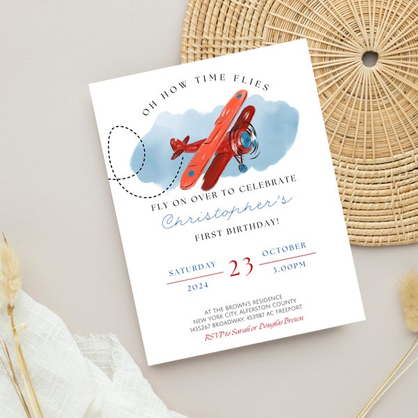 Oh How Time Flies Airplane 1st Birthday Invitation - Editable Template - Aviation Theme - Instant Download airplane themed invitation
