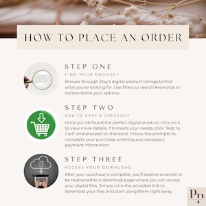 May include: A beige graphic with the text "HOW TO PLACE AN ORDER" and instructions for purchasing digital products on Etsy. The steps include finding a product, adding it to the cart, and accessing the download.