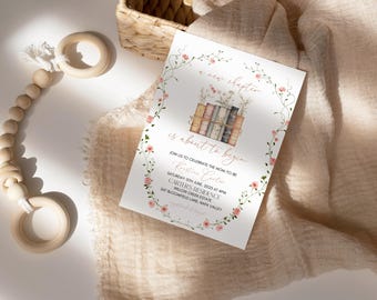 Storybook Baby Shower Invitation Template, A New Chapter Begins Baby Shower Invitation, Wildflower storybook Invite Template, baby in bloom