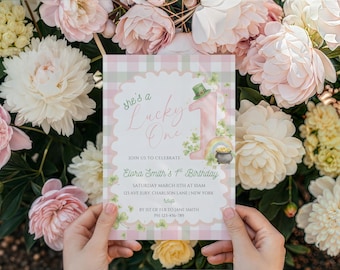 Pink Lucky One First Birthday Invitation - St Patricks 1st Birthday, lucky one 1st Birthday, editable template, shes a lucky one