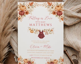 Falling in Love With Baby Shower Einladung, kleine Kürbis-Babyparty, ein kleiner Kürbis ist unterwegs, Herbst-Babyparty, Herbstparty