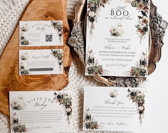 Einladungsset „Ein kleines Boo“, Halloween-Babypartykarten, Gruselige Babyparty, Bearbeitbare Vorlage, Ein kleines Boo ist bald da