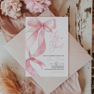 Pink Bow Baby Shower Invitation Template, Its a Girl baby shower invite, Pink baby, instant download, printable invitation, baby sprinkle
