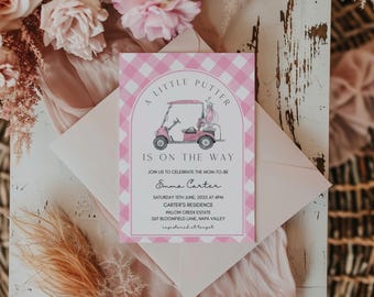 Pink Golf Baby Shower Invitation Template, golf shower, a little caddy is on the way, golf themed shower, editable template, girl golf