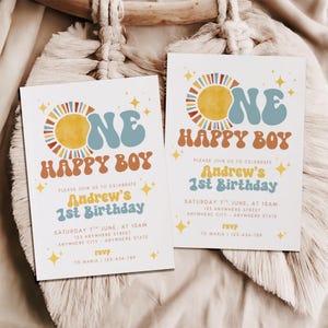 One Happy Boy Birthday Invite, 1st Birthday Invitation Boy, First Birthday Invitation, Retro Sun Invitation, Sunshine, Boho One Happy Boy