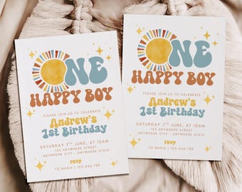 ワン・ハッピー・ボーイ誕生日招待状、1歳の誕生日招待状（男の子）、1歳の誕生日招待状、レトロな太陽の招待状、太陽、ボヘミアン風ワン・ハッピー・ボーイ
