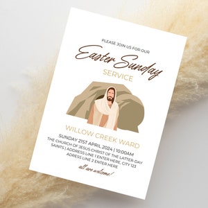 LDS Easter Sunday Service Invitation Template - Minimalistic, He is risen Invite Template | Editable Mormon Easter Sunday Service Invite