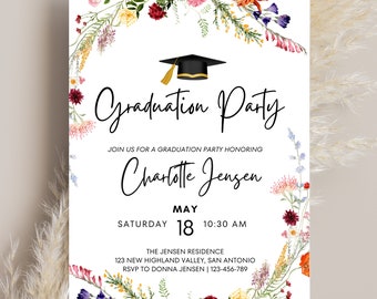 Wildflower Graduation Party Invitation - Senior Announcement, Grad Announcement, College grad invite, editable template, grad invitation,