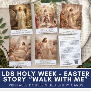 May include: A collection of double-sided study cards with religious illustrations. The cards feature images of Jesus and scenes from the Bible, with text including "Holy Week," "Palm Sunday," and "Teachings of Jesus." The cards are part of the "Walk With Me" Easter story.