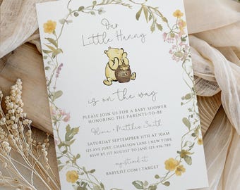 Classic Winnie the Pooh Baby Shower Invitation, Pooh Bear Baby Shower Invite, Floral Pooh Invitation, Editable Canva Template