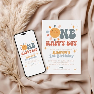 One Happy Boy Birthday Invite, 1st Birthday Invitation Boy, First Birthday Invitation, Retro Sun Invitation, Sunshine, Boho One Happy Boy