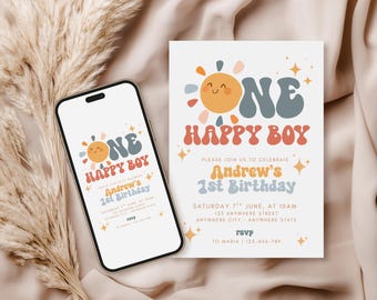 One Happy Boy Birthday Invite, 1st Birthday Invitation Boy, First Birthday Invitation, Retro Sun Invitation, Sunshine, Boho One Happy Boy