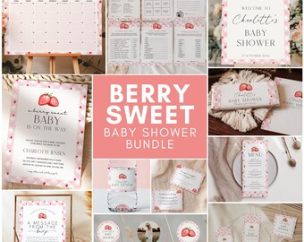 May include: A pink and white baby shower printable bundle with a strawberry theme. The bundle includes invitations, games, decorations, and more. The text "Berry Sweet Baby Shower Bundle" is featured in the center of the image.