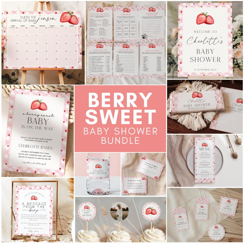 May include: A pink and white baby shower printable bundle with a strawberry theme. The bundle includes invitations, games, decorations, and more. The text "Berry Sweet Baby Shower Bundle" is featured in the center of the image.
